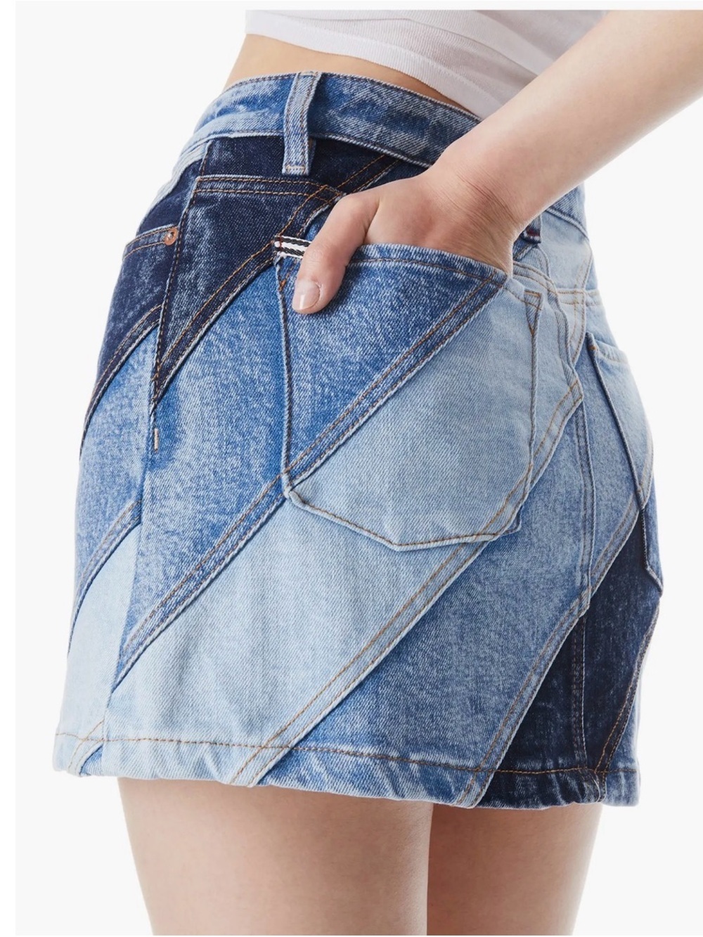 Alice + Olivia Two-Tone Patchwork Denim Skort - Light & Dark Blue